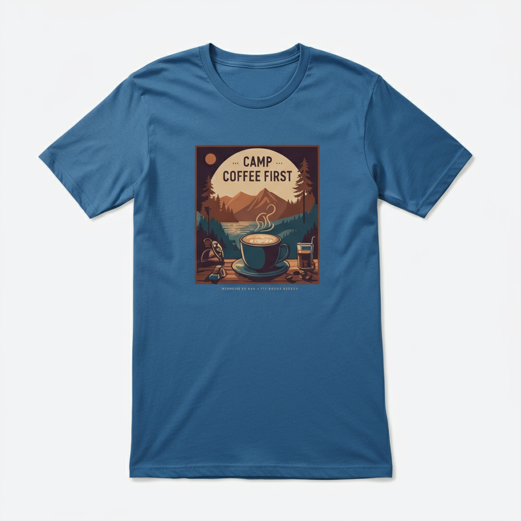 Camp Coffee First T-Shirt: Vintage Wilderness Bliss